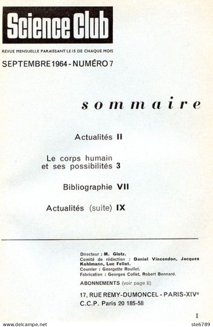 Revue SCIENCE CLUB 1964 N° 7 Le Corps Humain Ses Possibilités - Ciencia