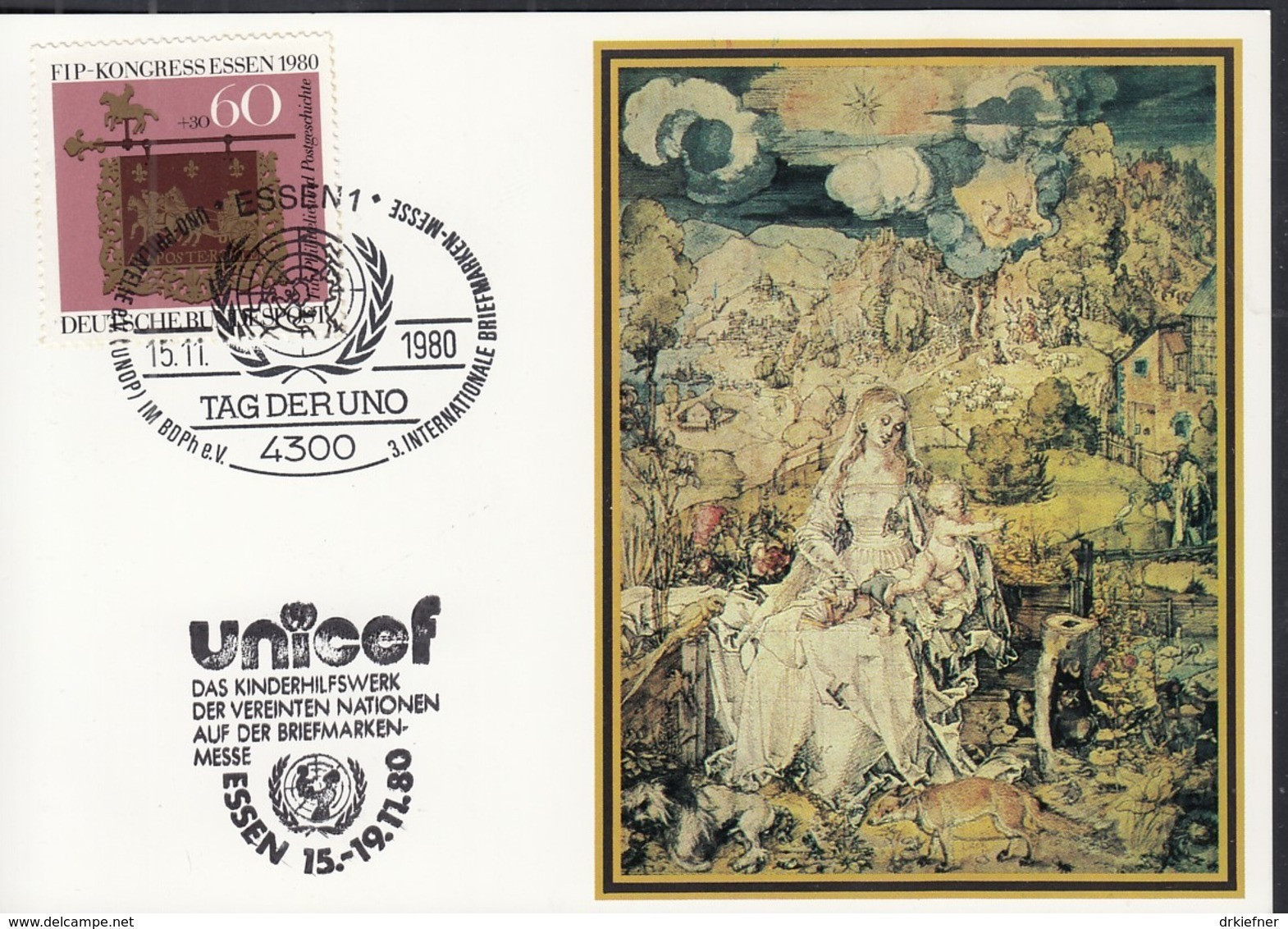 UNO NEW YORK, UNICEF-Kunstkarte, Aussellungskarte Mit Erinnerungsstempel Essen Tag Der UNO 15.11.1980 - Storia Postale