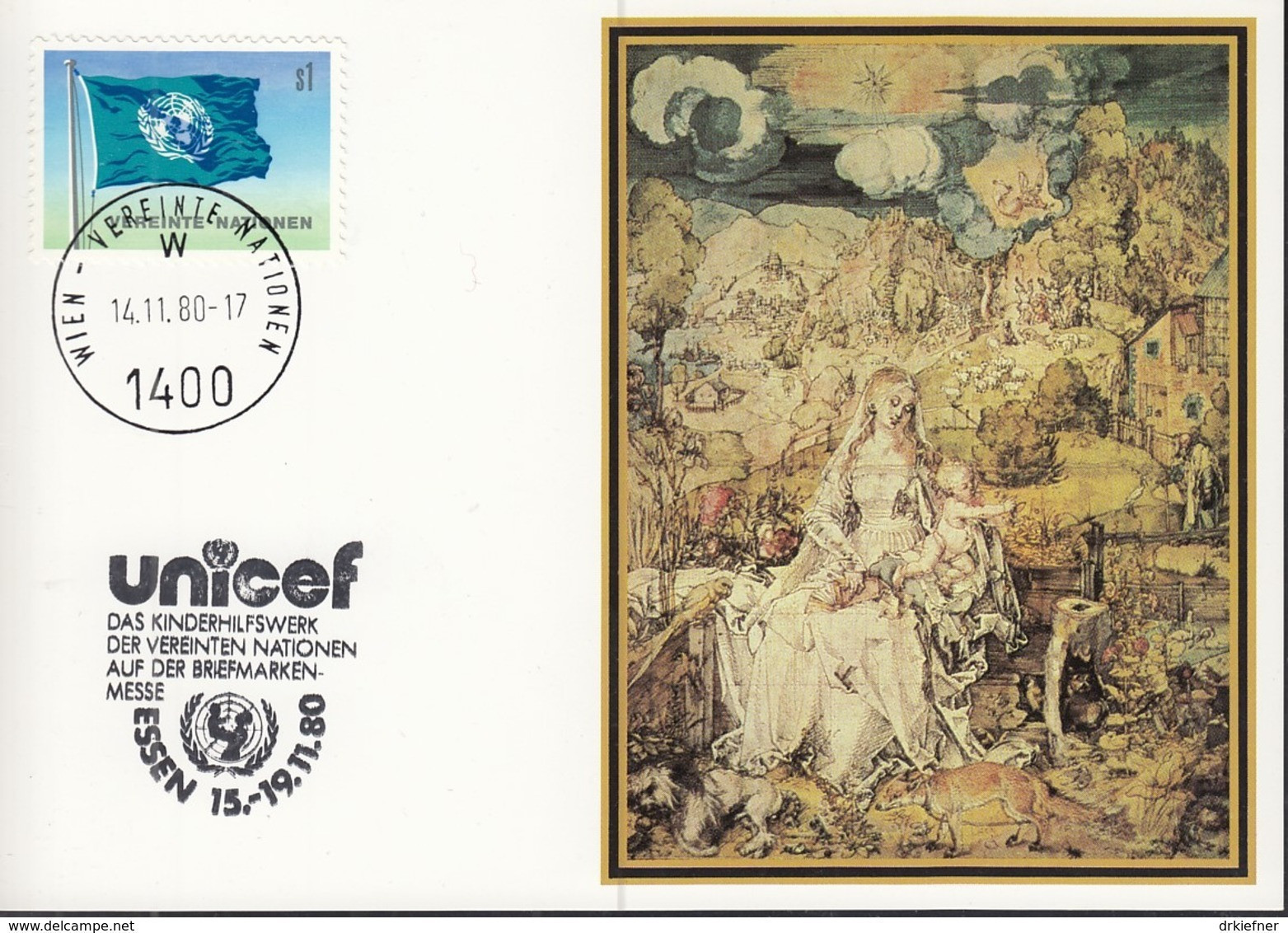 UNO WIEN  UNICEF-Kunstkarte, Albrecht Dürer, Madonna Mit Kind, Zur Int. Briefmarkenmesse, Essen 14.11.1980 - Storia Postale