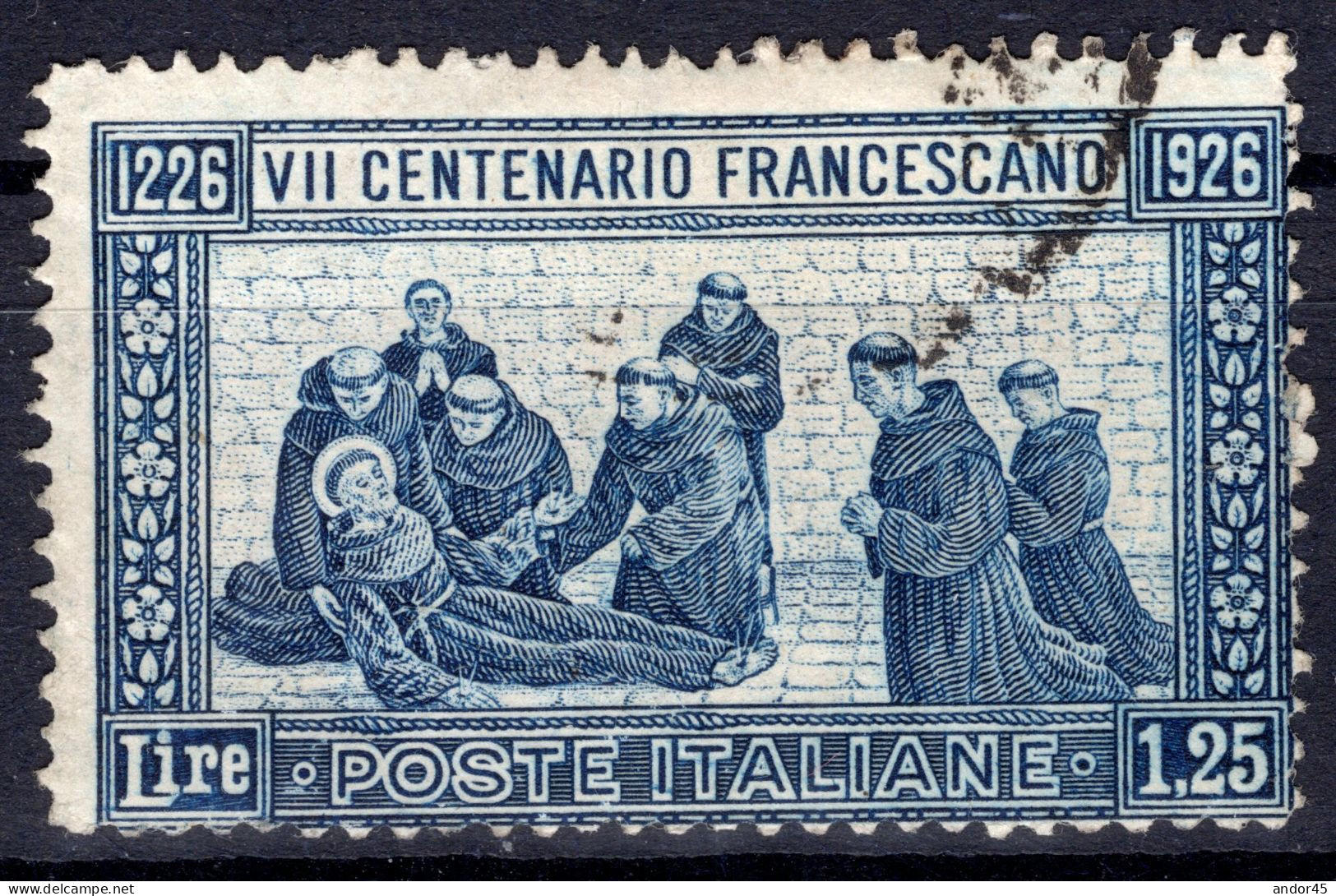 P.A L.1,25 AZZURRO DELLA SERIE "7°CENT.DELLA MORTE DI S.FRANCESCO" SASS.196 USATO CON DISCRETA  CENTRATURA CV 55+++ - Luftpost