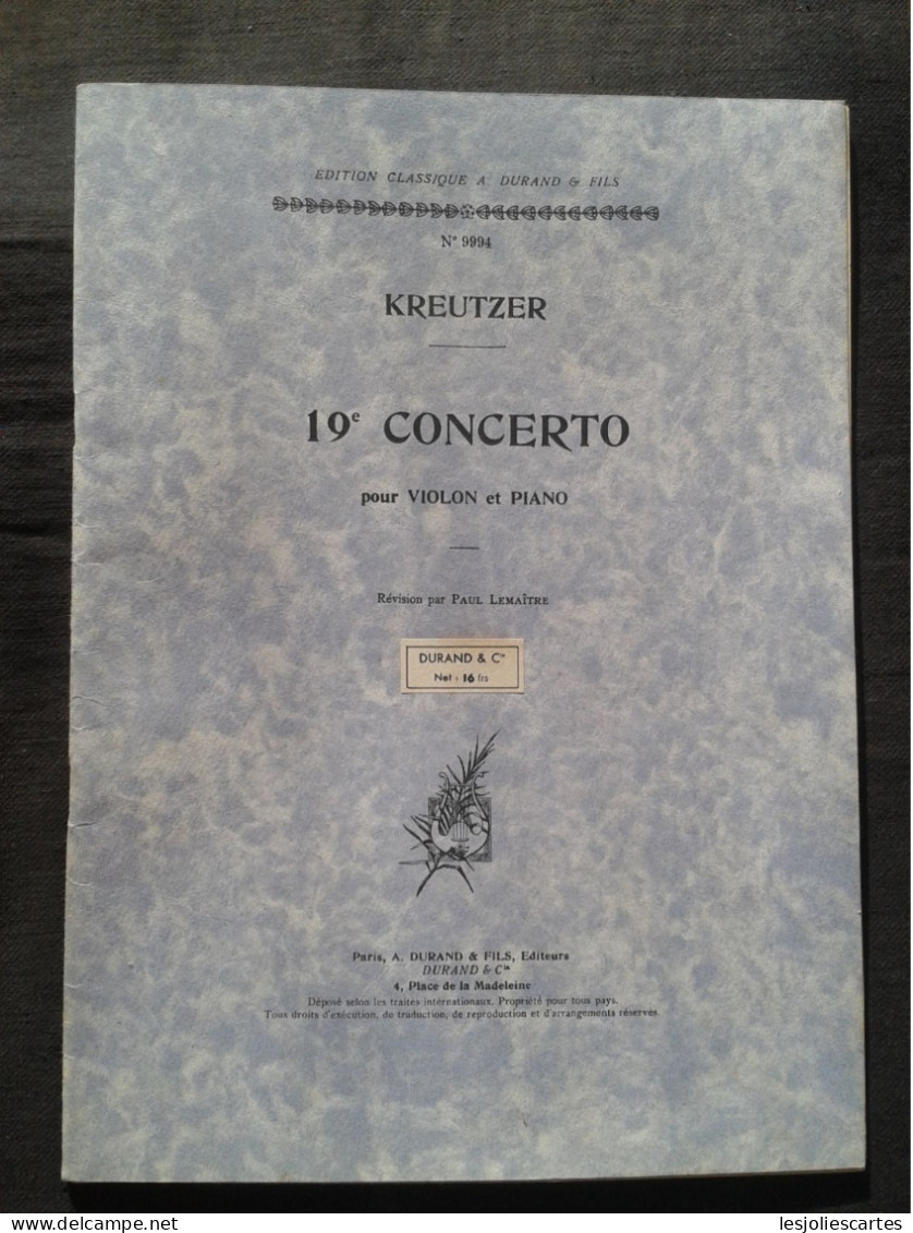 Kreutzer 19eme Concerto Pour Violon Et Piano Editions Durand Partition - Strumenti A Corda