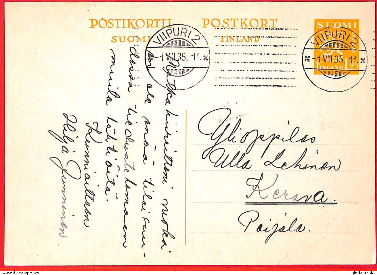 Aa0683 - FINLAND - POSTAL HISTORY - STATIONERY CARD From VIIPURI 2  1935 - Entiers Postaux