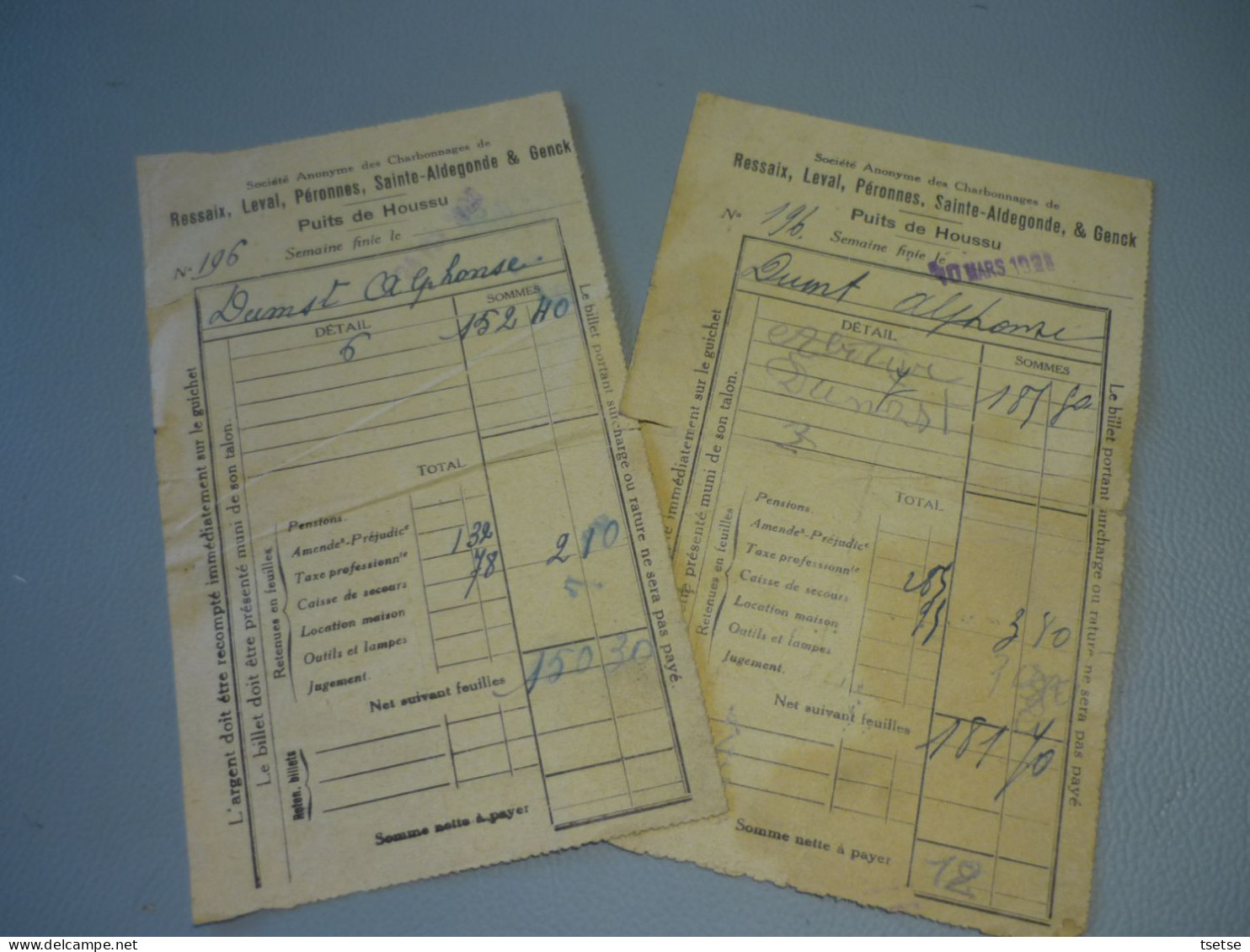 Ressaix , Leval , Péronnes, Sainte-Aldegonde : Charbonnages -Puits De Houssu - 2 Feuillets - Fiches De Paye-1923 - Binche