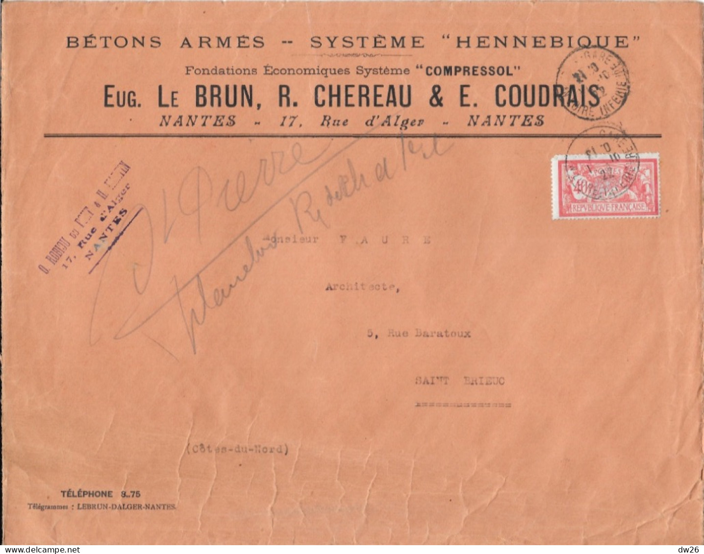 Enveloppe Commerciale: Bétons Armés, Système Hennebique - E. Le Brun, R. Chereau & E. Coudrais, Nantes - Otros & Sin Clasificación