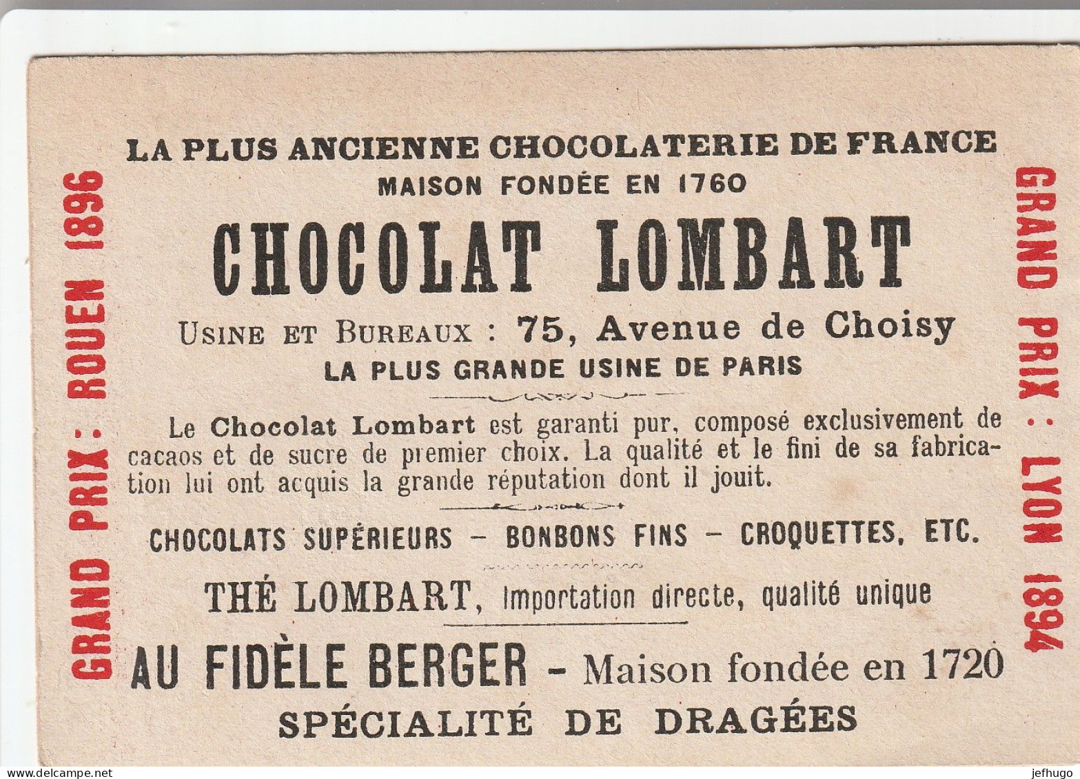 69 - CHROMO CHOCOLAT LOMBART . BIARRITZ . LA PLAGE VUE DE BELLEVUE . SCAN - Lombart