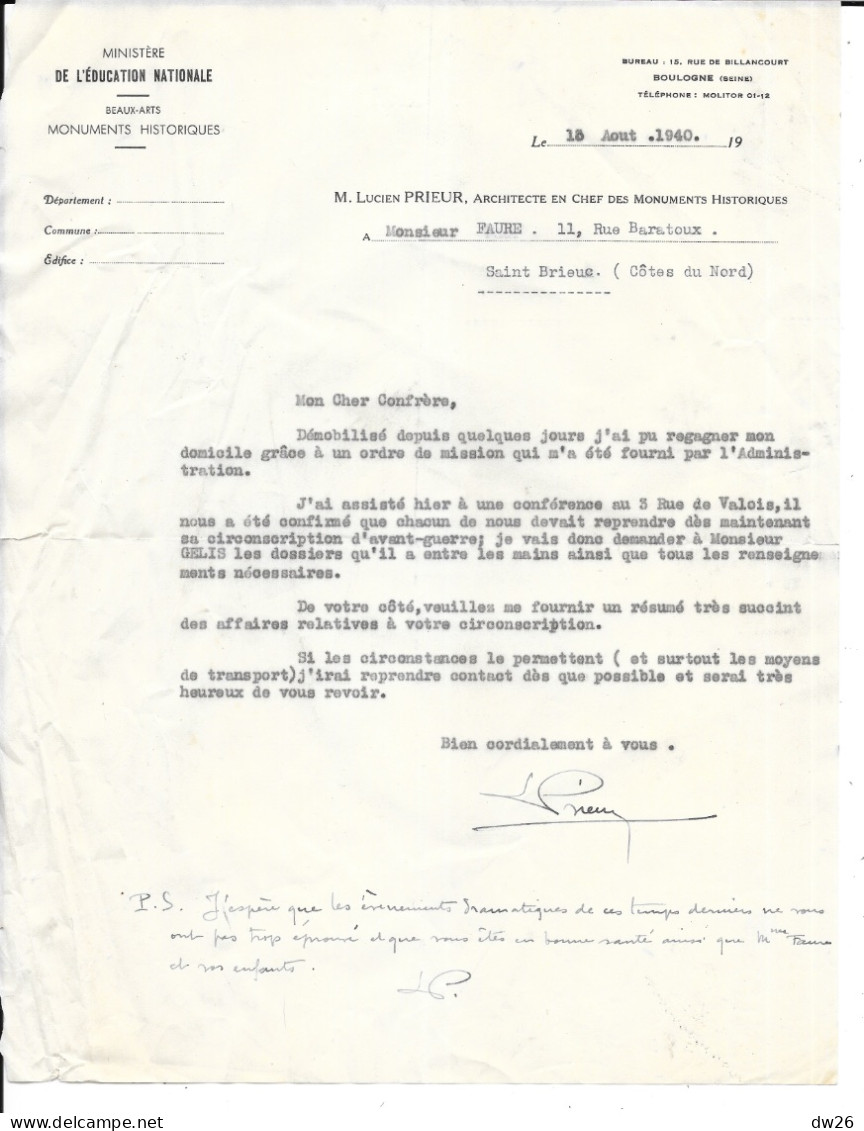 Courrier De Lucien Prieur, Architecte En Chef Des Monuments Historiques En Août 1940 Pendant L'occupation Allemande - Historische Dokumente