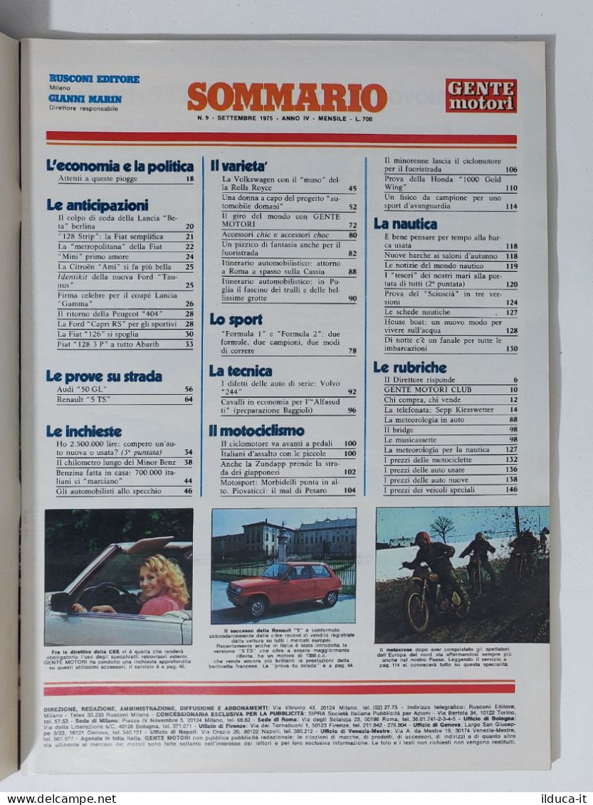 43985 GENTE MOTORI 1975 A. IV N. 9 - FIAT 126 E 128; Audi 50 GL; Peugeot 404 - Moteurs