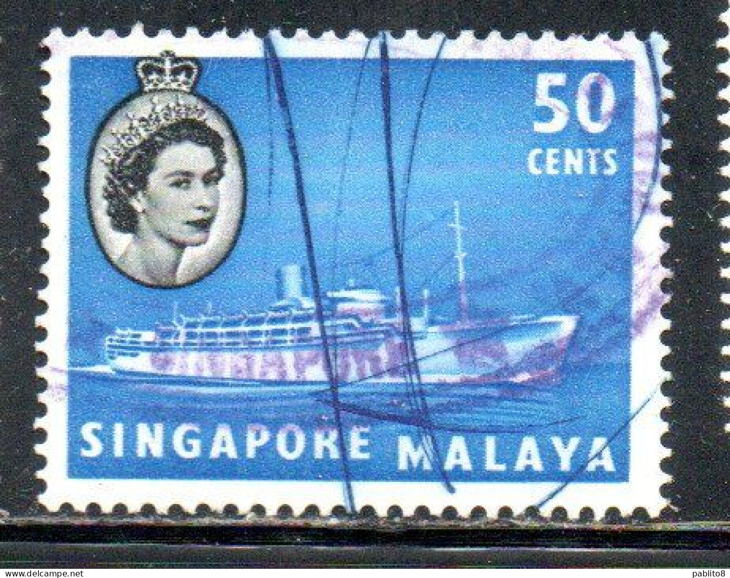 SINGAPORE MALAYA MALAISIE MALESIA 1955 LINER M.S. CHUSAN 50c USATO USED OBLITERE' - Singapur (...-1959)