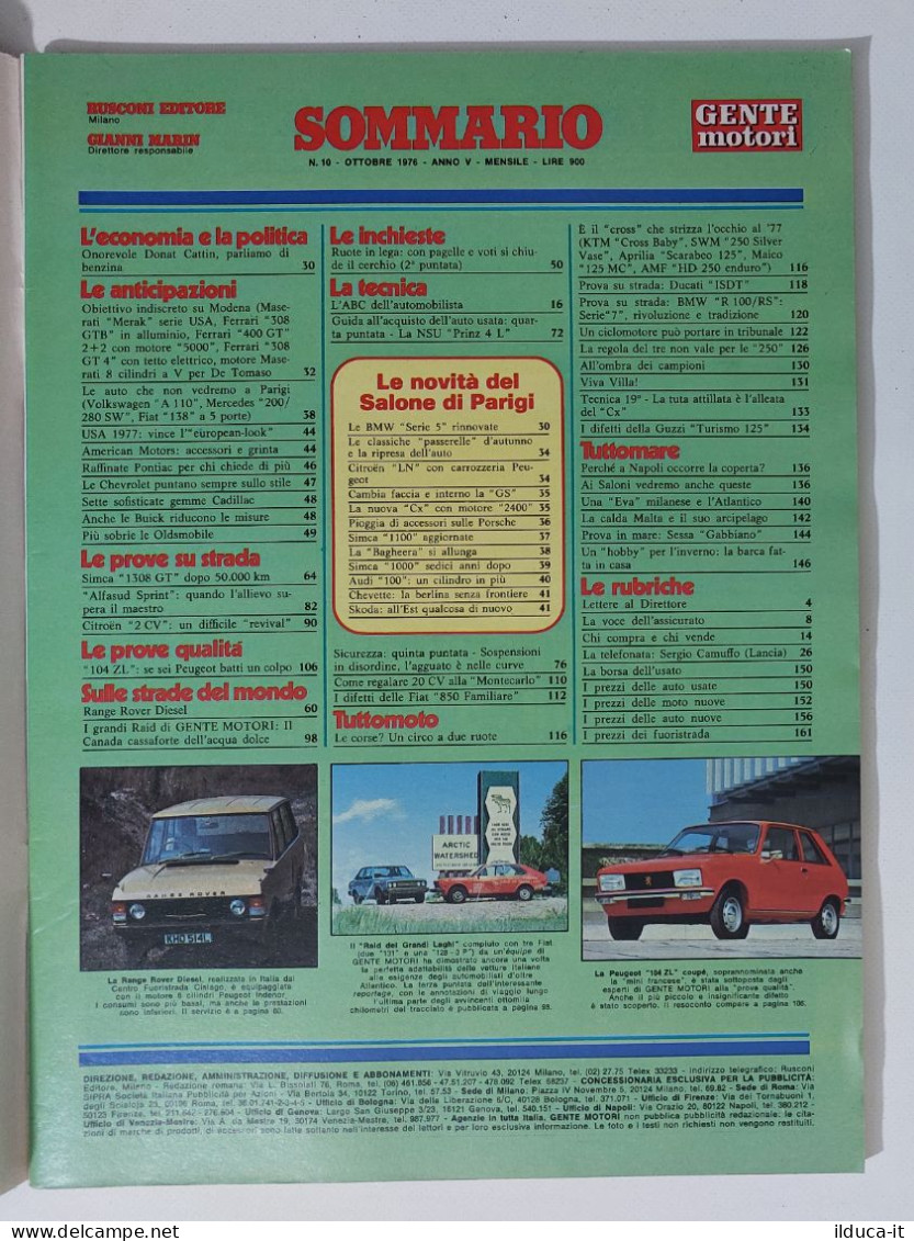 43996 GENTE MOTORI 1976 A. V N. 10 - Citroen 2 CV; Simca 1308 GT; BMW Serie 7 - Engines