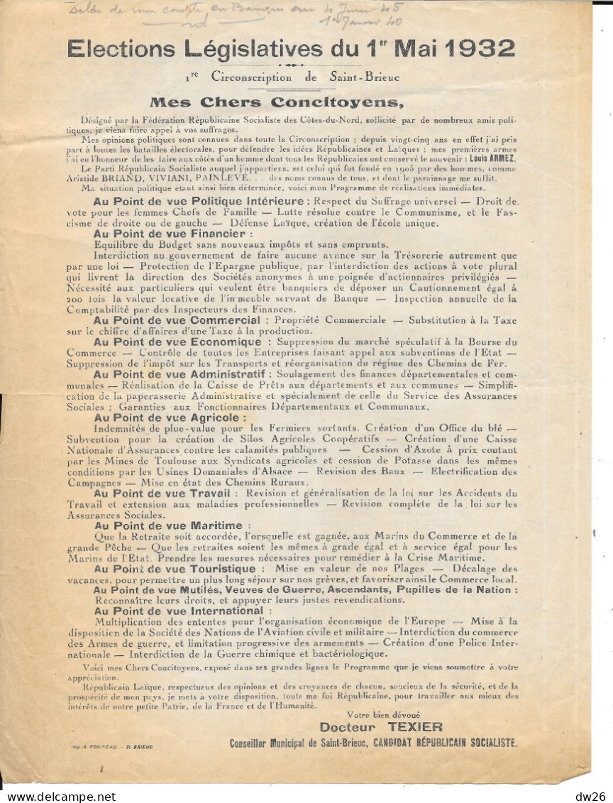Election Législatives 1932, Circonscription De St Brieuc: Programme Politique Docteur Texier, Candidat Socialiste - Programma's