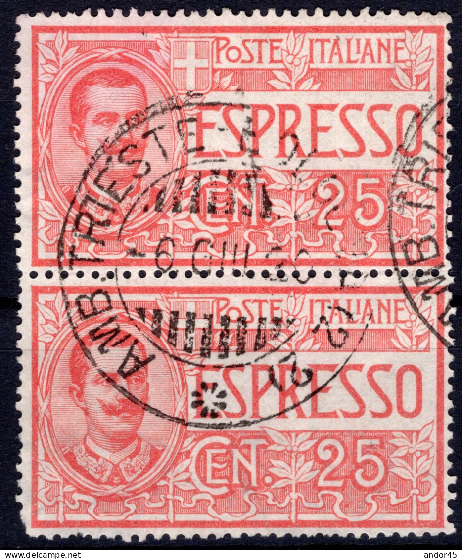 COPPIA DEL C.25 ROSSO DELLA SERIE "EFFIGIE DI VITTORIO EMANUELE III" SASS.1 USATO CON OTTIMA CENTRATURA - Poste Exprèsse