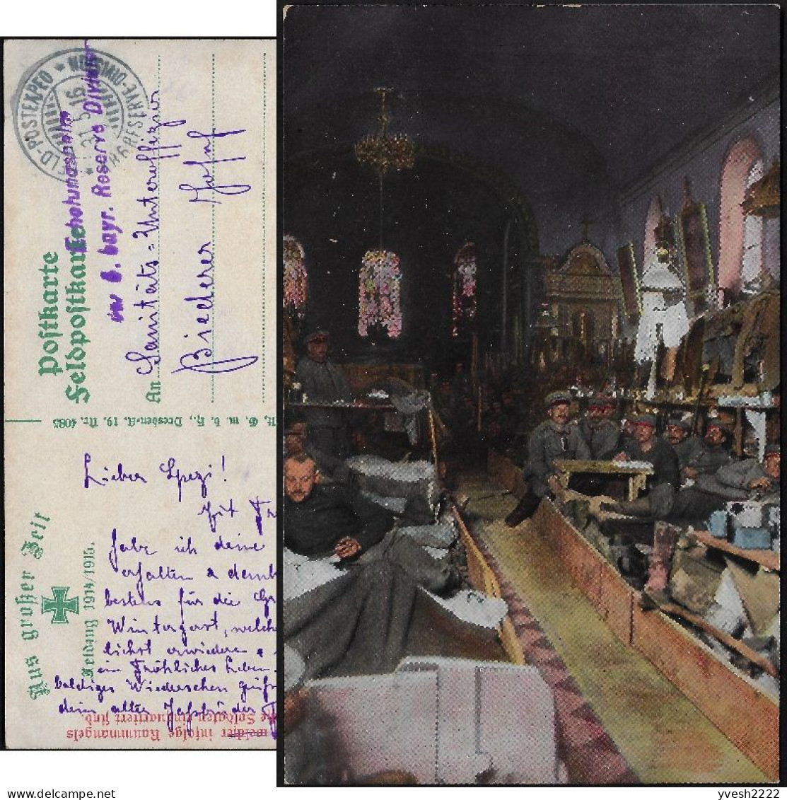 Allemagne 1916. Carte De Franchise Militaire. Des Soldats S'installent Dans Une église. Vitraux - Glas & Fenster
