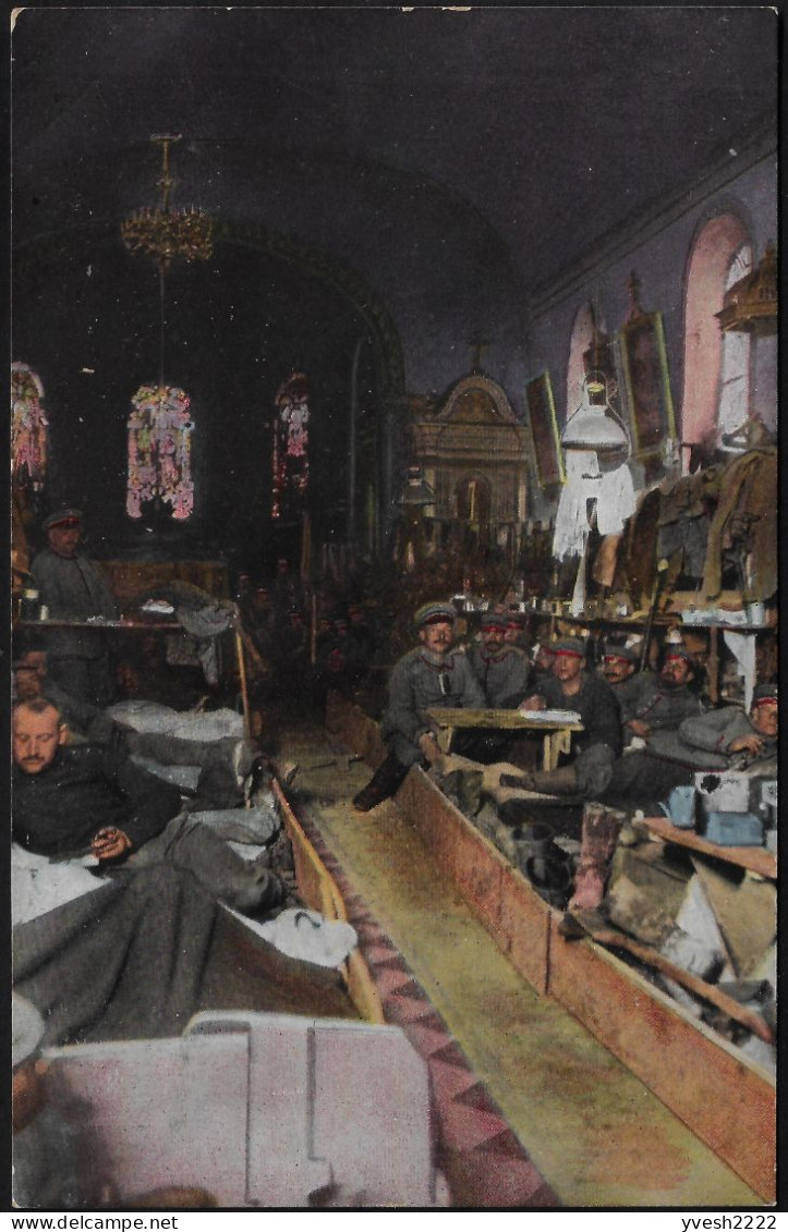 Allemagne 1916. Carte De Franchise Militaire. Des Soldats S'installent Dans Une église. Vitraux - Vetri & Vetrate