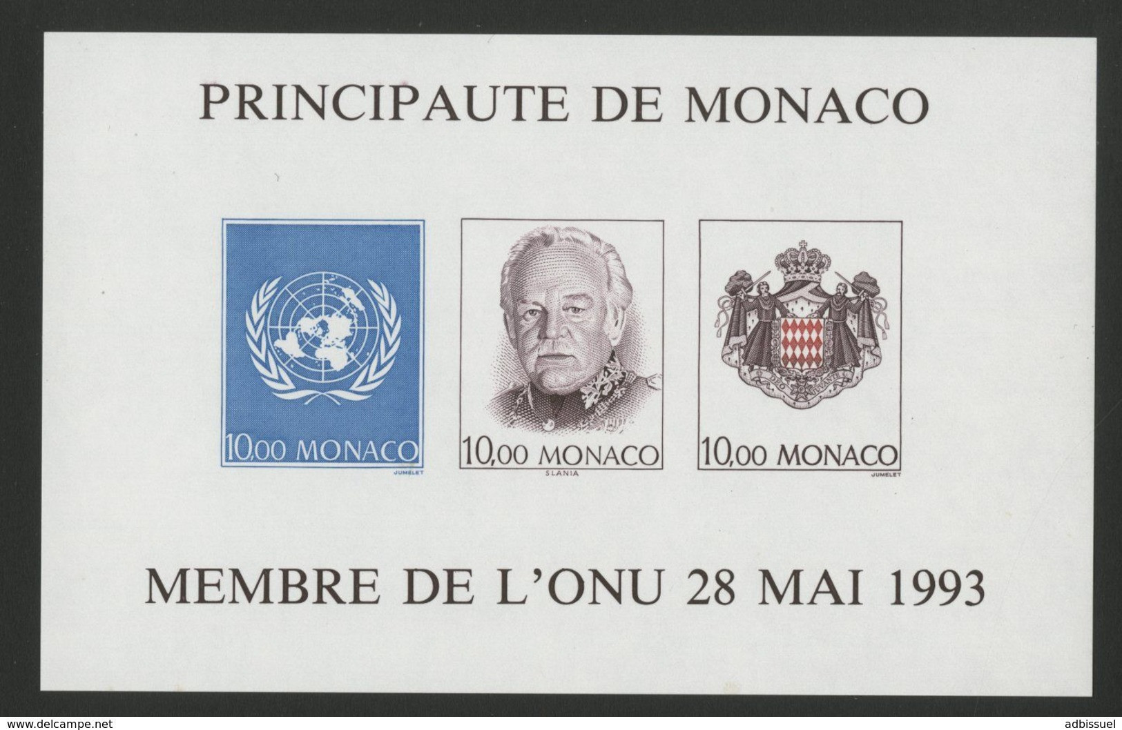 MONACO Cote 220 € BLOC NON DENTELE N° 62a "Admission De La Principauté De Monaco à L'O.N.U. 1993 " Neuf ** (MNH). TB/VG - Blocks & Sheetlets