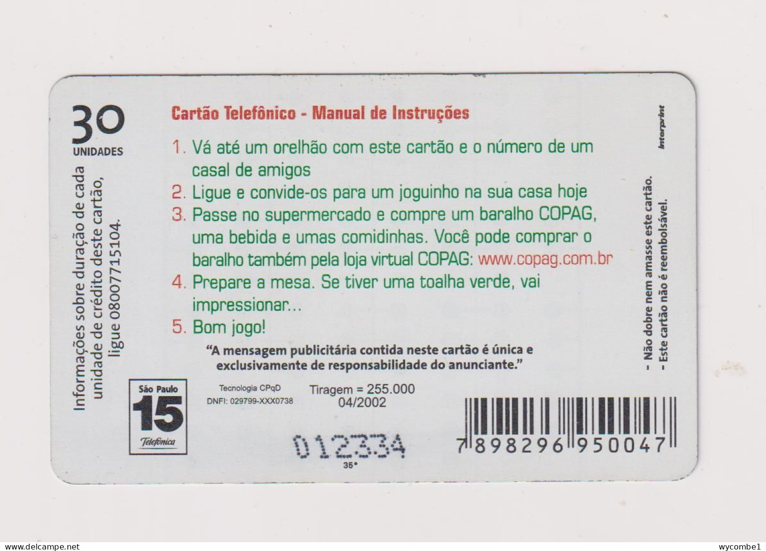 BRASIL -  Copag Inductive  Phonecard - Brésil