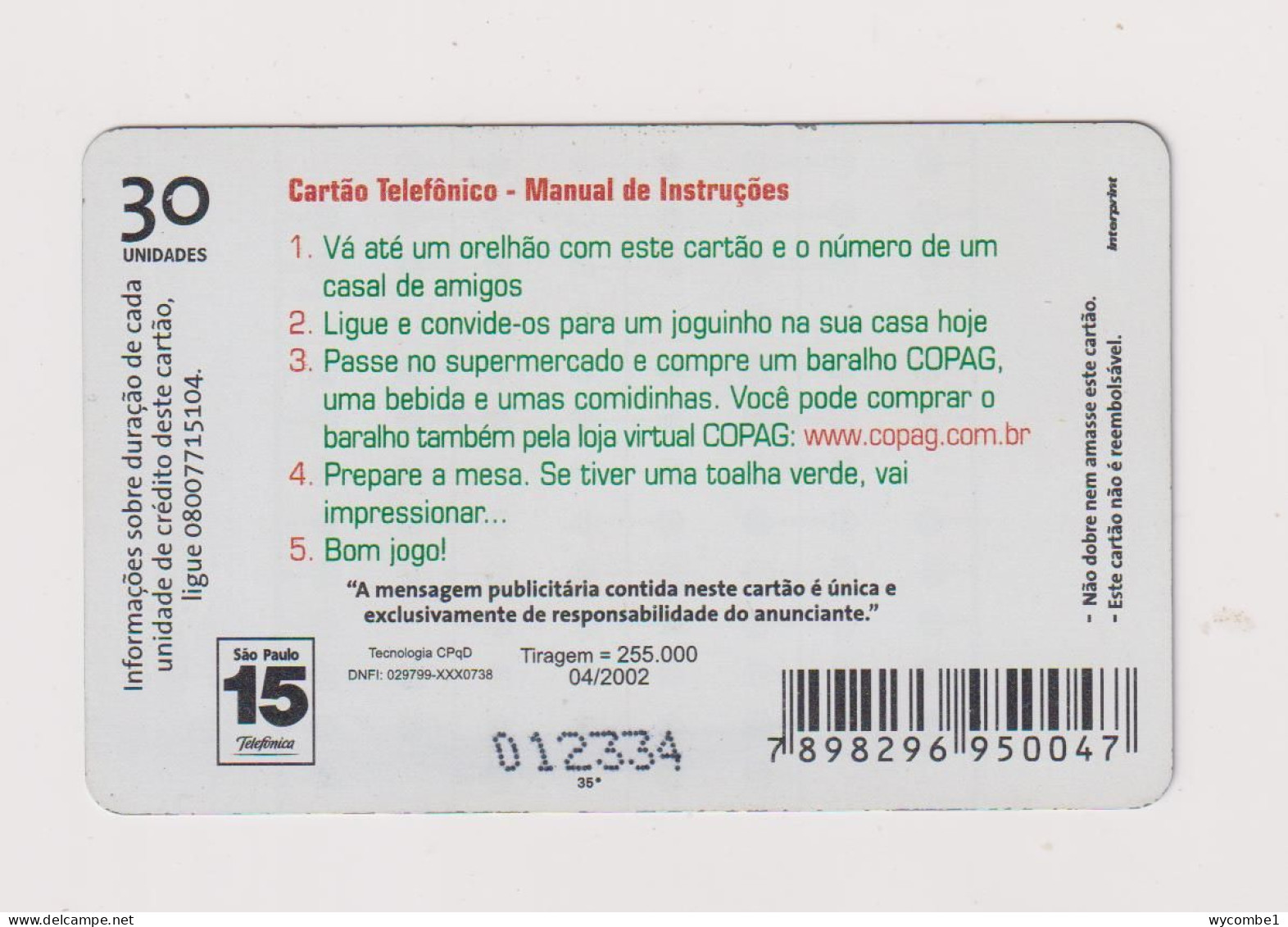 BRASIL -  Copag Inductive  Phonecard - Brasile