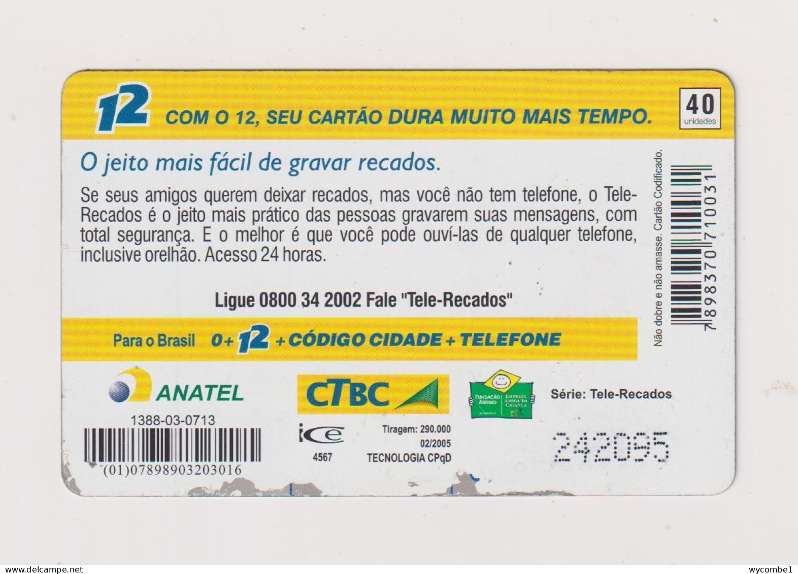 BRASIL -  Tele Recados Inductive  Phonecard - Brésil