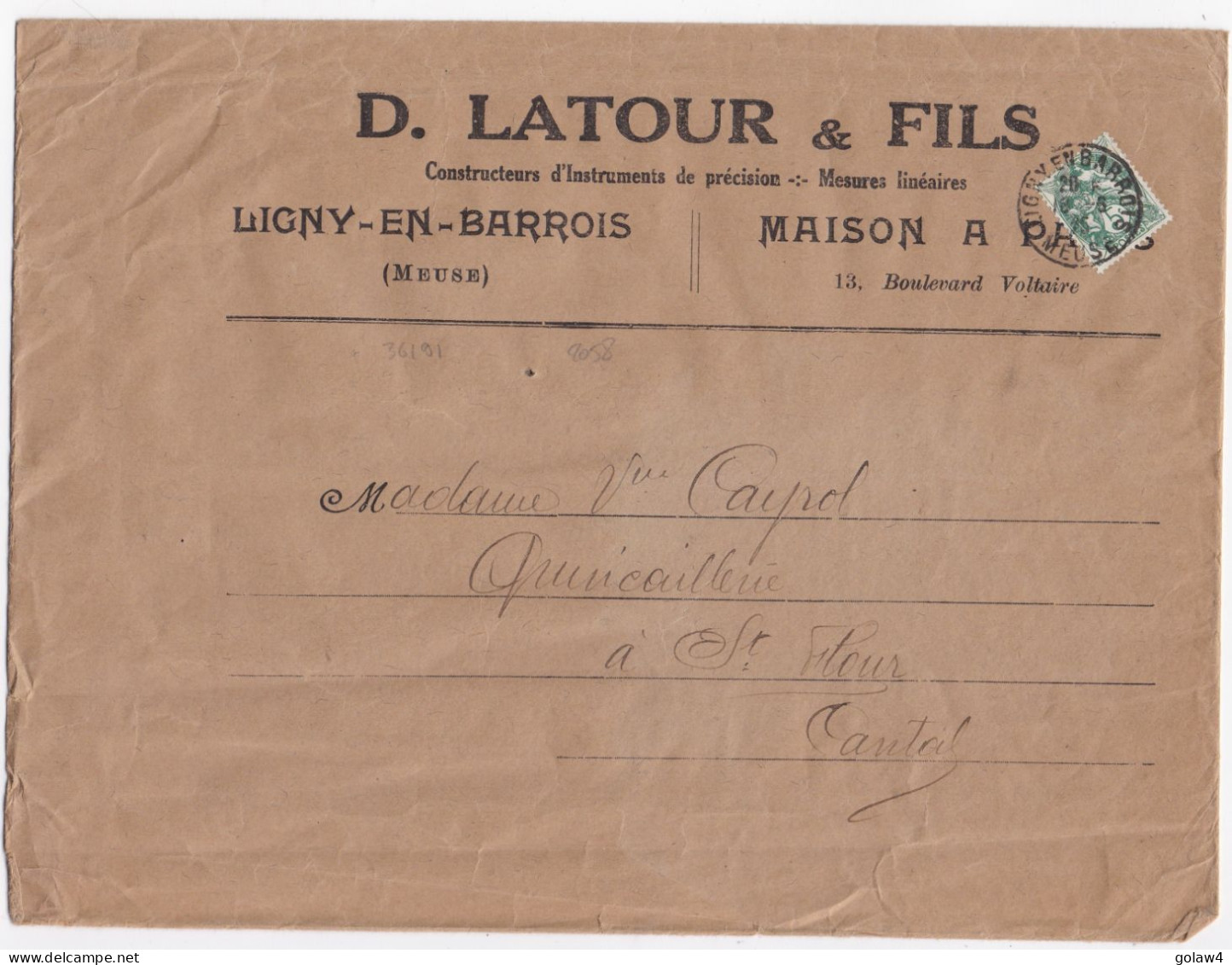 36191# BLANC IMPRIMES INSTRUMENTS DE PRECISION Obl LIGNY EN BARROIS MEUSE 1925 SAINT FLOUR CANTAL - Postal Rates