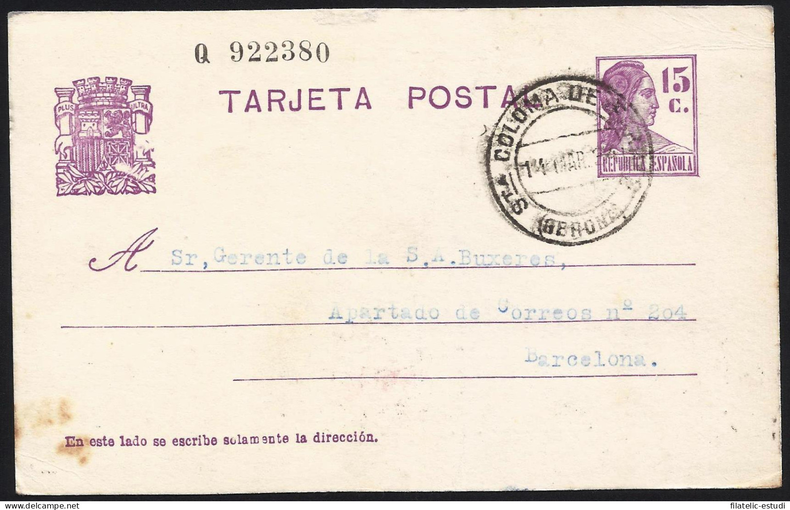 España Spain Entero Postal 69 Matrona 1934 Santa Coloma De Farners - Otros & Sin Clasificación