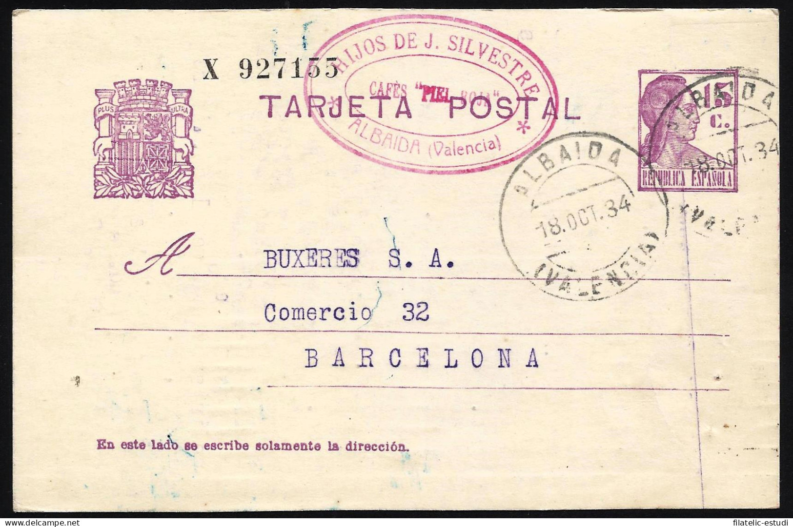 España Espain Entero Postal 69 Matrona 1934 Albaida - Sonstige & Ohne Zuordnung