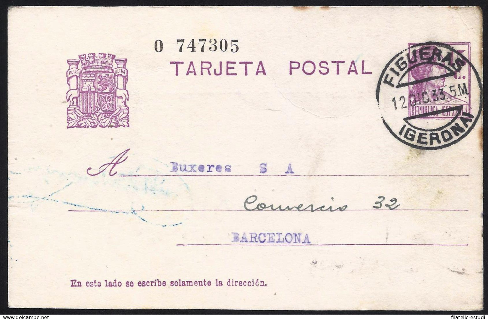 España Spain Entero Postal 69 Matrona 1933 Figueras - Other & Unclassified