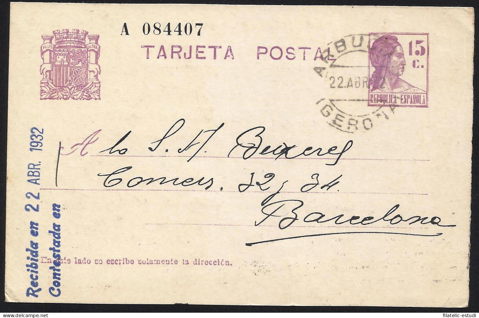 España Spain Entero Postal 69 Matrona 1932 Arbucias - Sonstige & Ohne Zuordnung