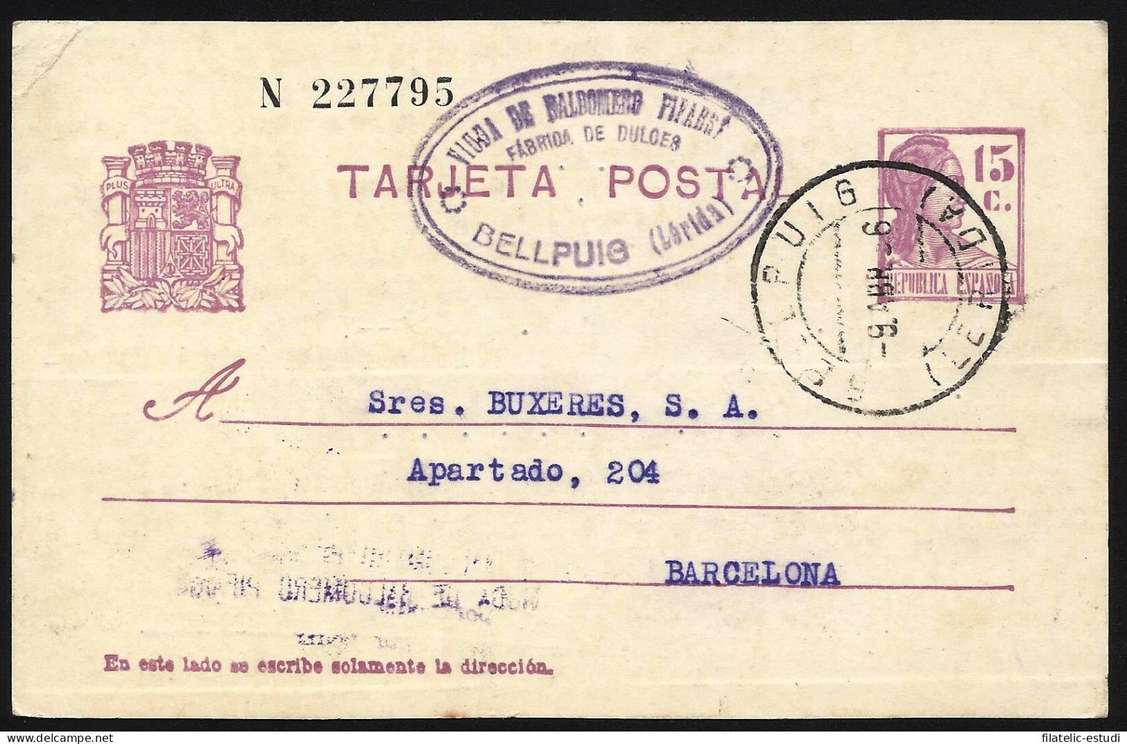 España Spain Entero Postal 69 Matrona 1936 Bellpuig - Other & Unclassified