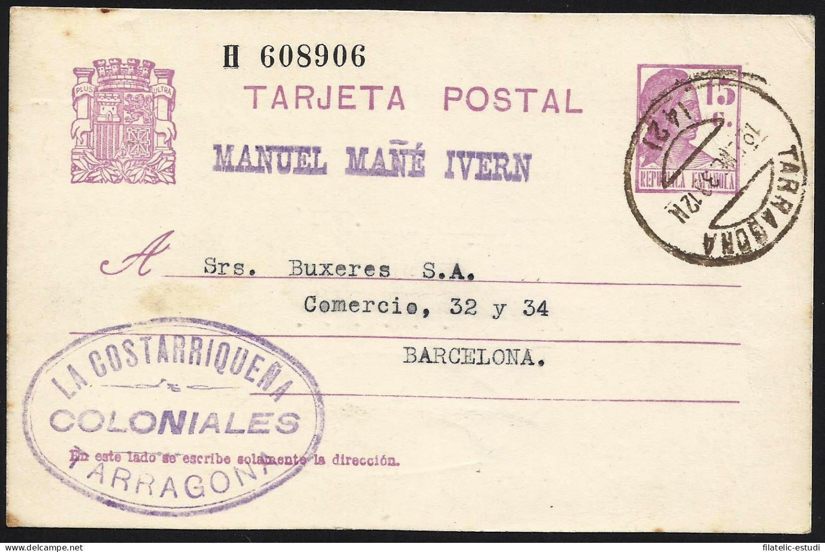 España Spain Entero Postal 69 Matrona 1933 Tarragona - Autres & Non Classés