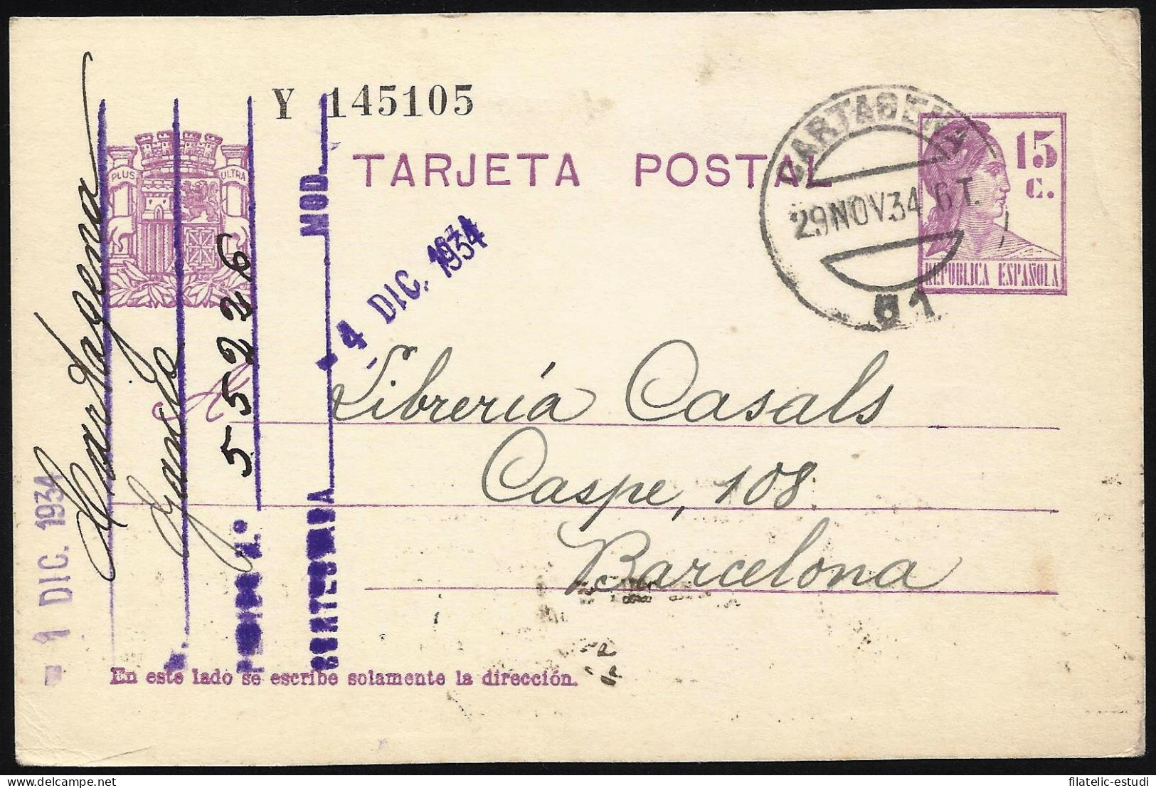 España Spain Entero Postal 69 Matrona 1934 Cartagena - Sonstige & Ohne Zuordnung