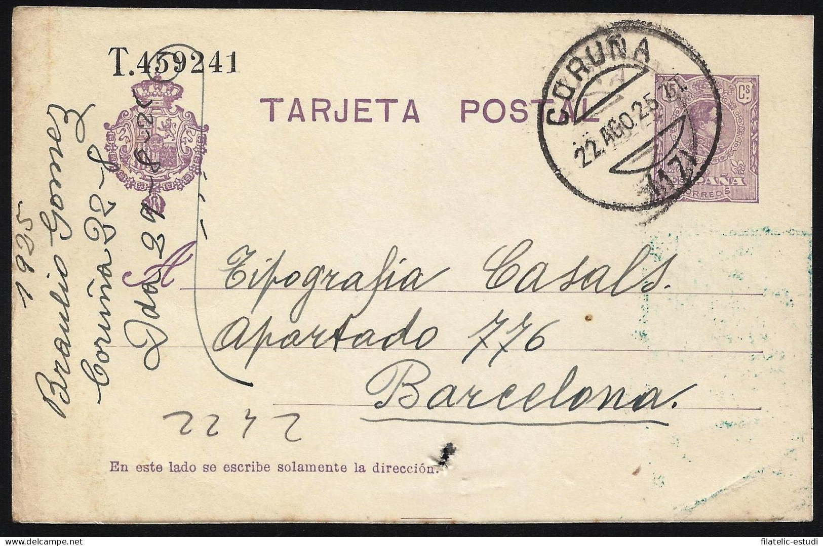 España Entero Postal 50 Alfonso XIII 1925 Coruña - Sonstige & Ohne Zuordnung