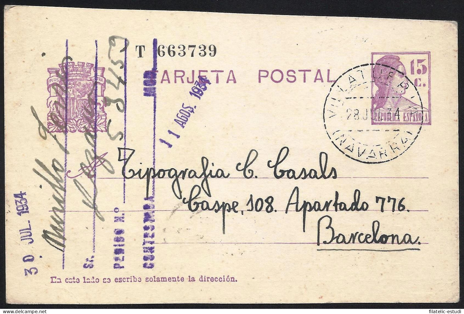 España Spain Entero Postal 69 Matrona 1934 Villatuerta - Autres & Non Classés