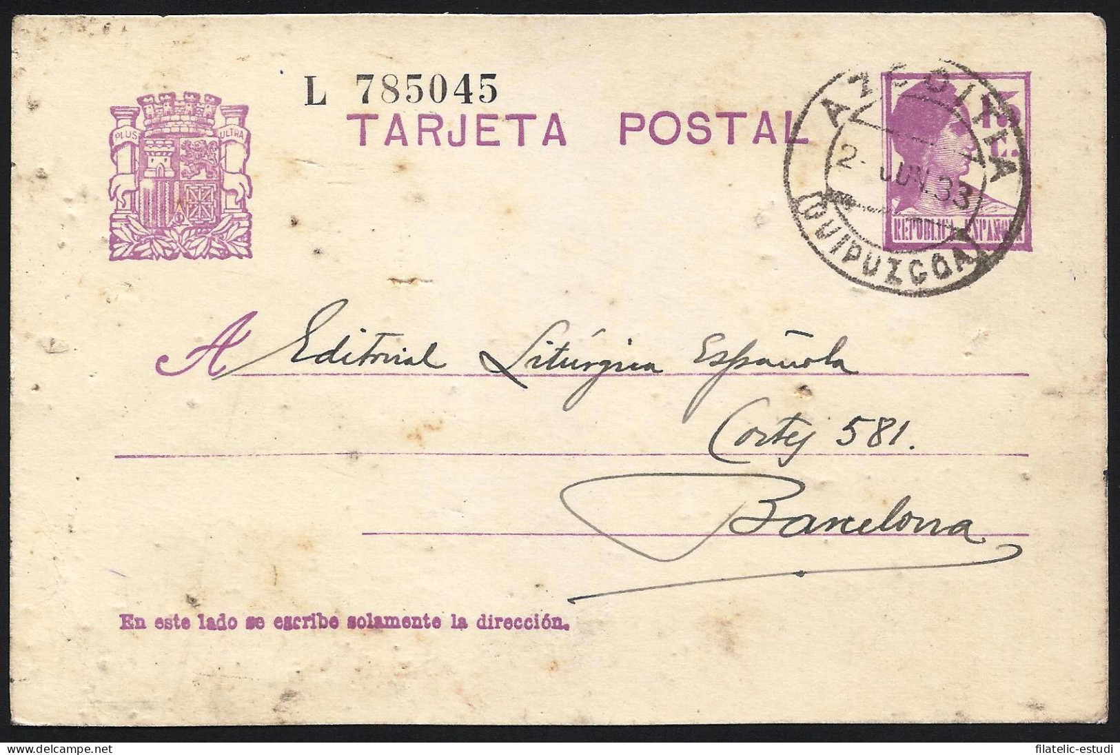 España Spain Entero Postal 69 Matrona 1933 Azcoitia - Other & Unclassified