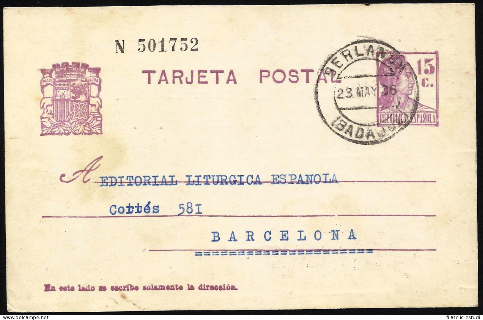 España Spain Entero Postal 69 Matrona 1936 Berlanga - Altri & Non Classificati