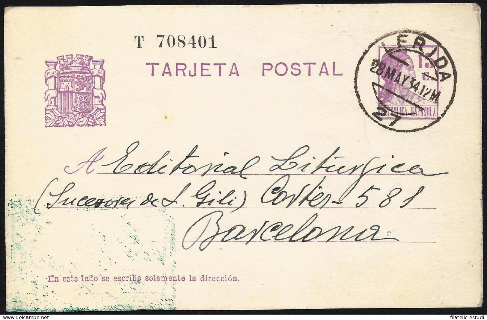 España Spain Entero Postal 69 Matrona 1934 Lérida - Autres & Non Classés