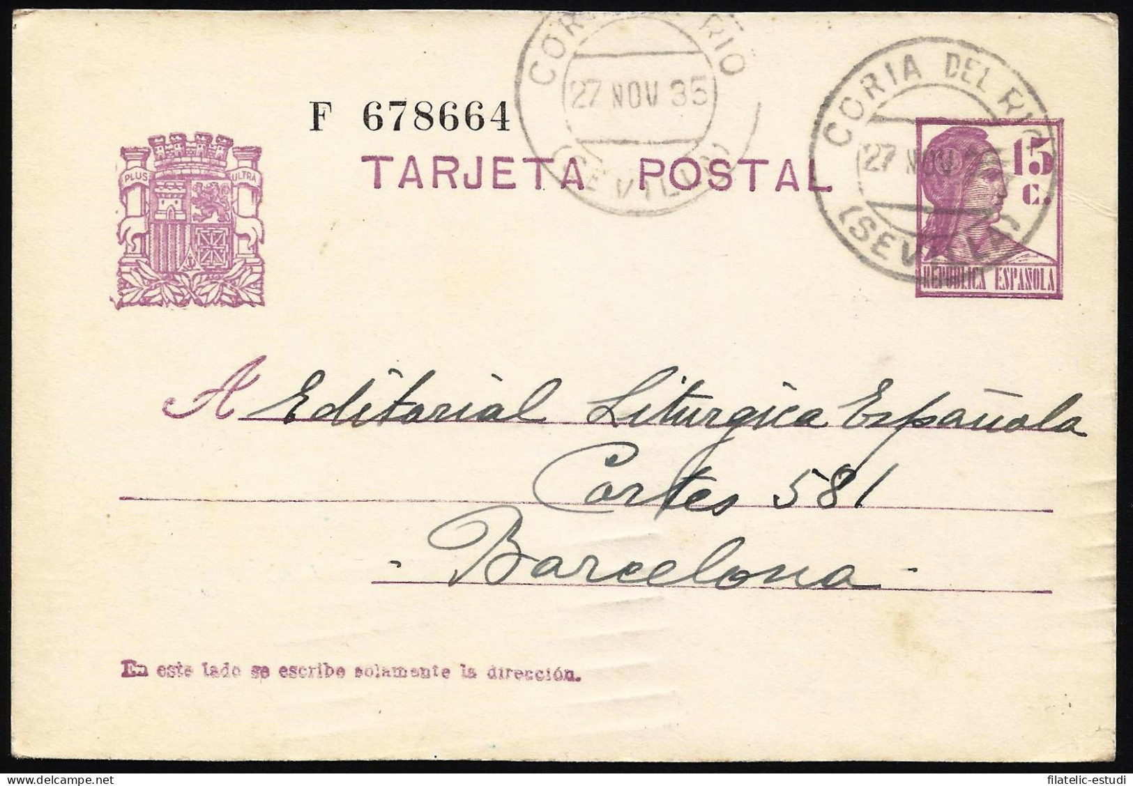 España Spain Entero Postal 69 Matrona 1935 Coria Del Rio - Altri & Non Classificati