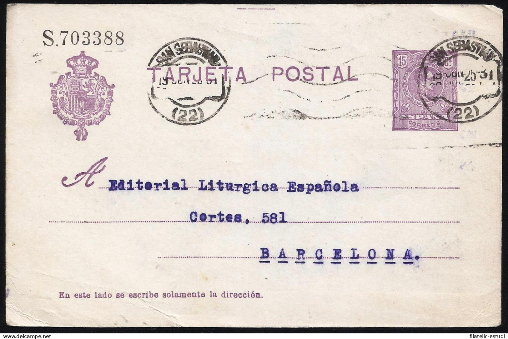 España Spain Entero Postal 50 Alfonso XIII 1925 San Sebastián - Sonstige & Ohne Zuordnung