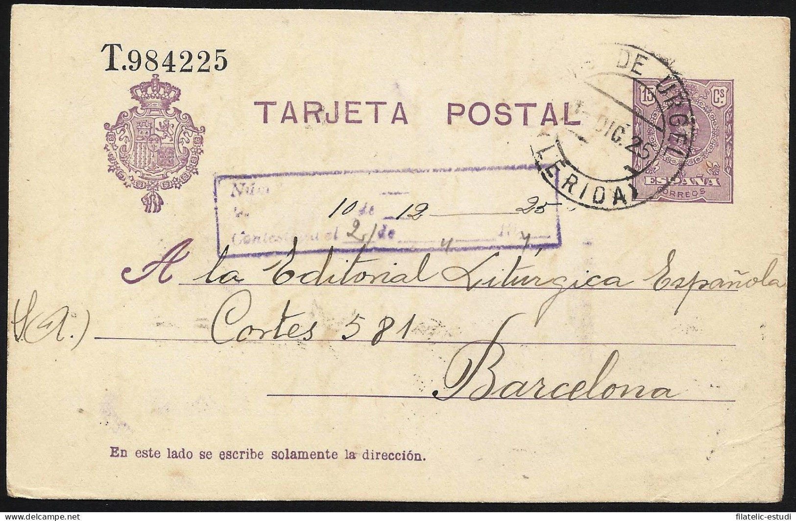 España Spain Entero Postal 50 Alfonso XIII 1925 Seu De Urgell - Altri & Non Classificati