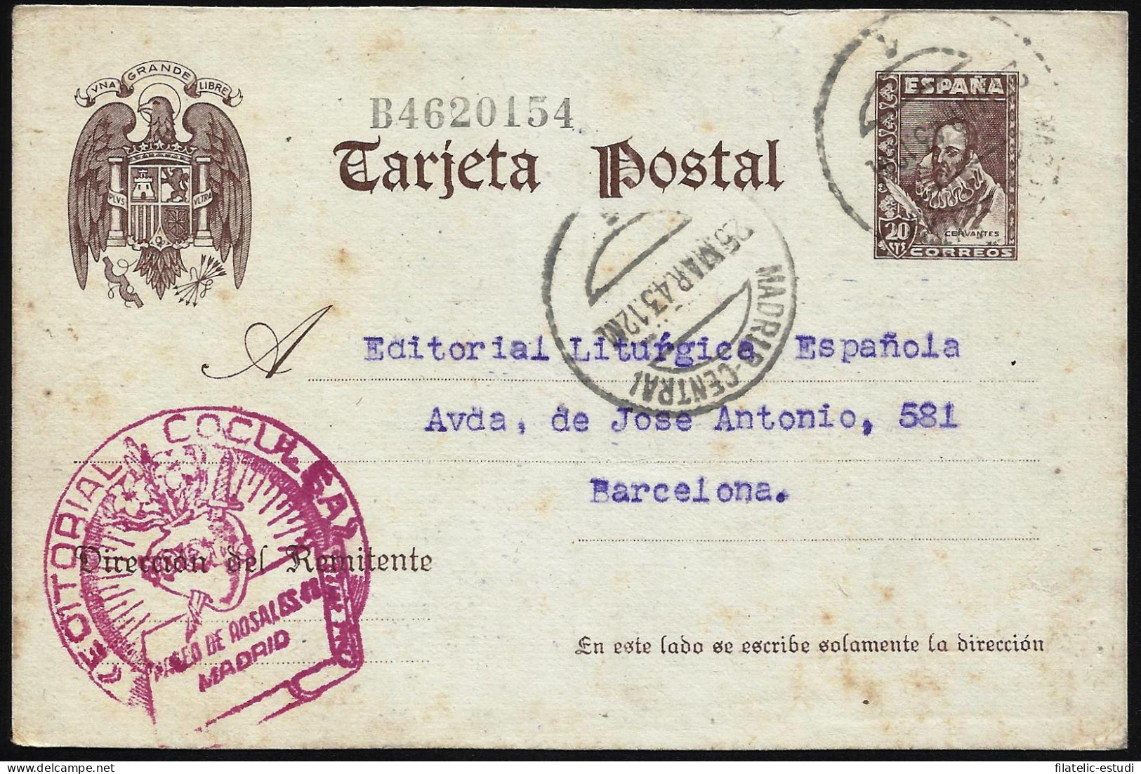 España Spain Entero Postal 83 Cervantes 1943 Matasello Madrid - Other & Unclassified