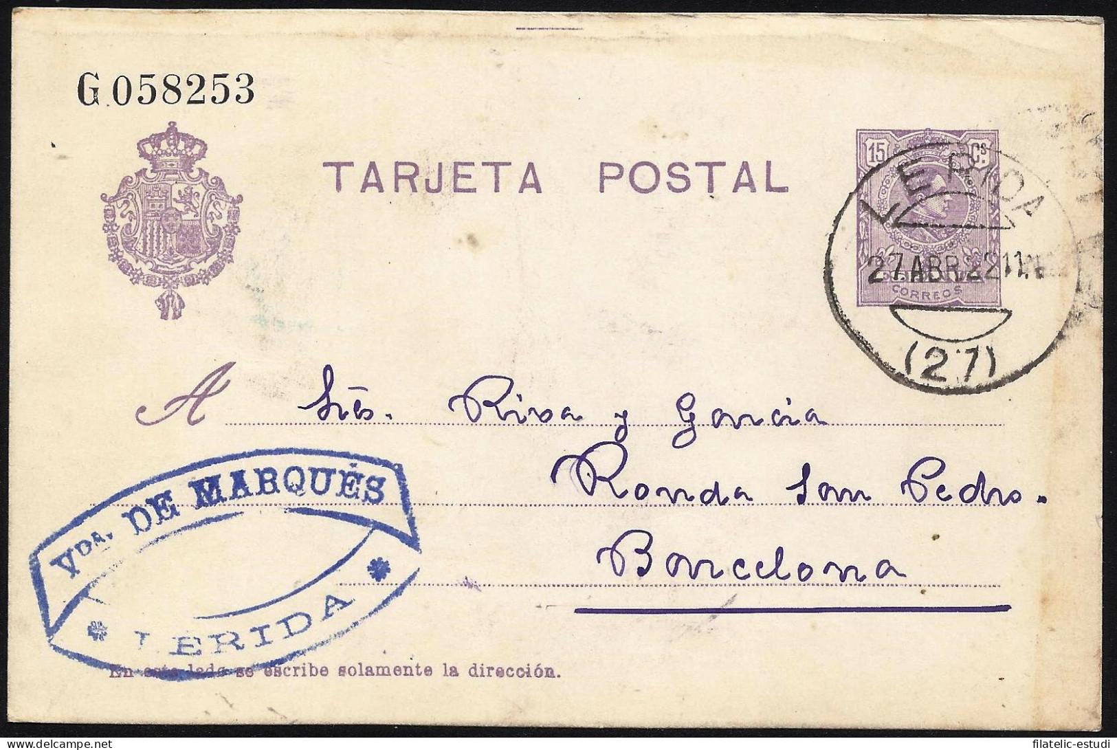 España Spain Entero Postal 50 Alfonso XIII 1921 Lérida - Altri & Non Classificati