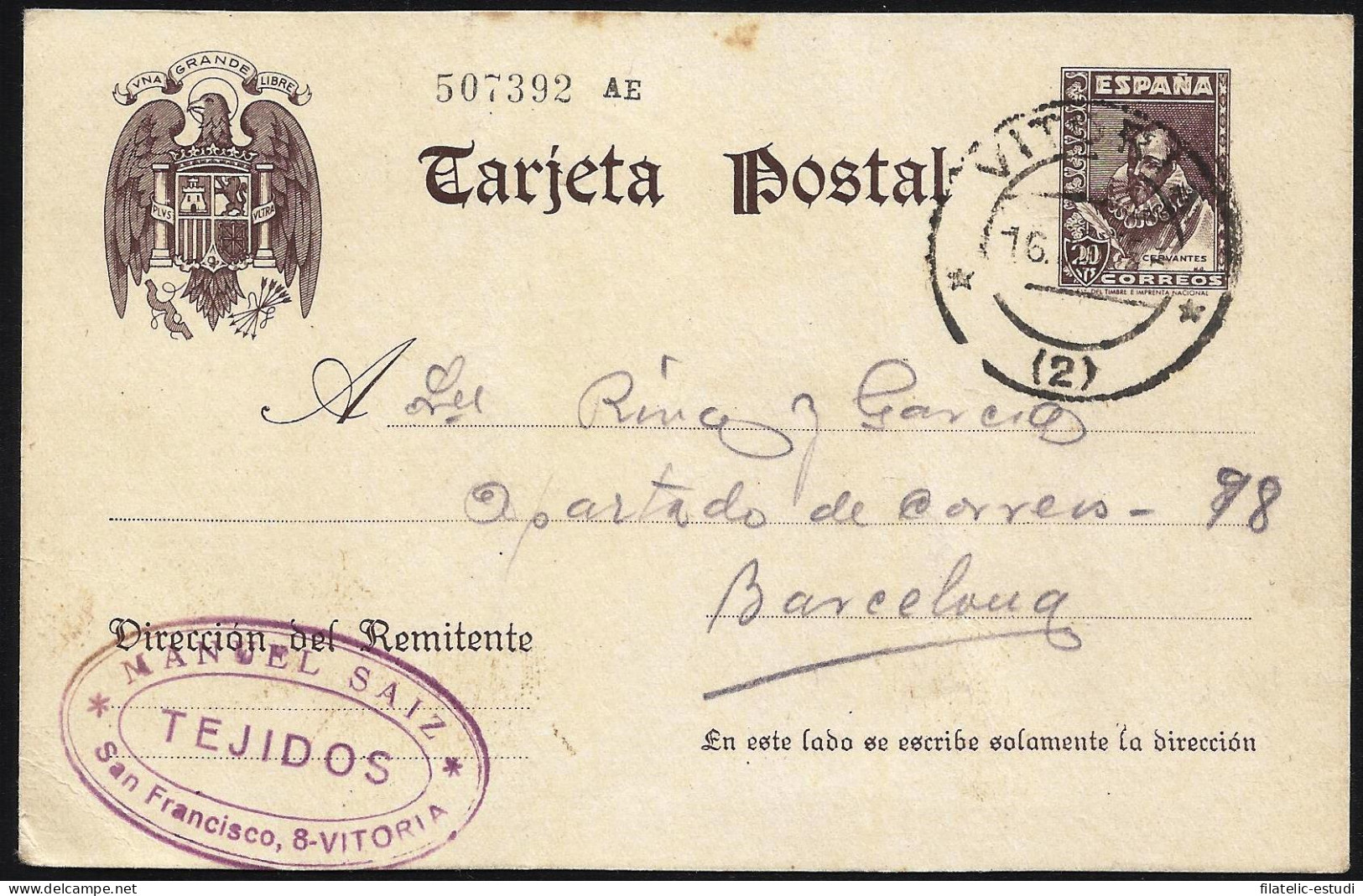 España Spain Entero Postal 83 Cervantes Matasello 1940 Vitoria - Other & Unclassified