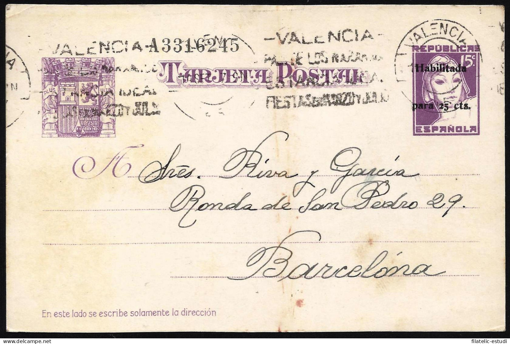 España Spain Entero Postal 76 Matrona  Matasello 1937 Valencia - Sonstige & Ohne Zuordnung