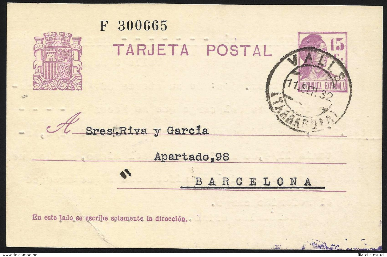 España Spain Entero Postal 69 Matrona 1932 Valls - Other & Unclassified