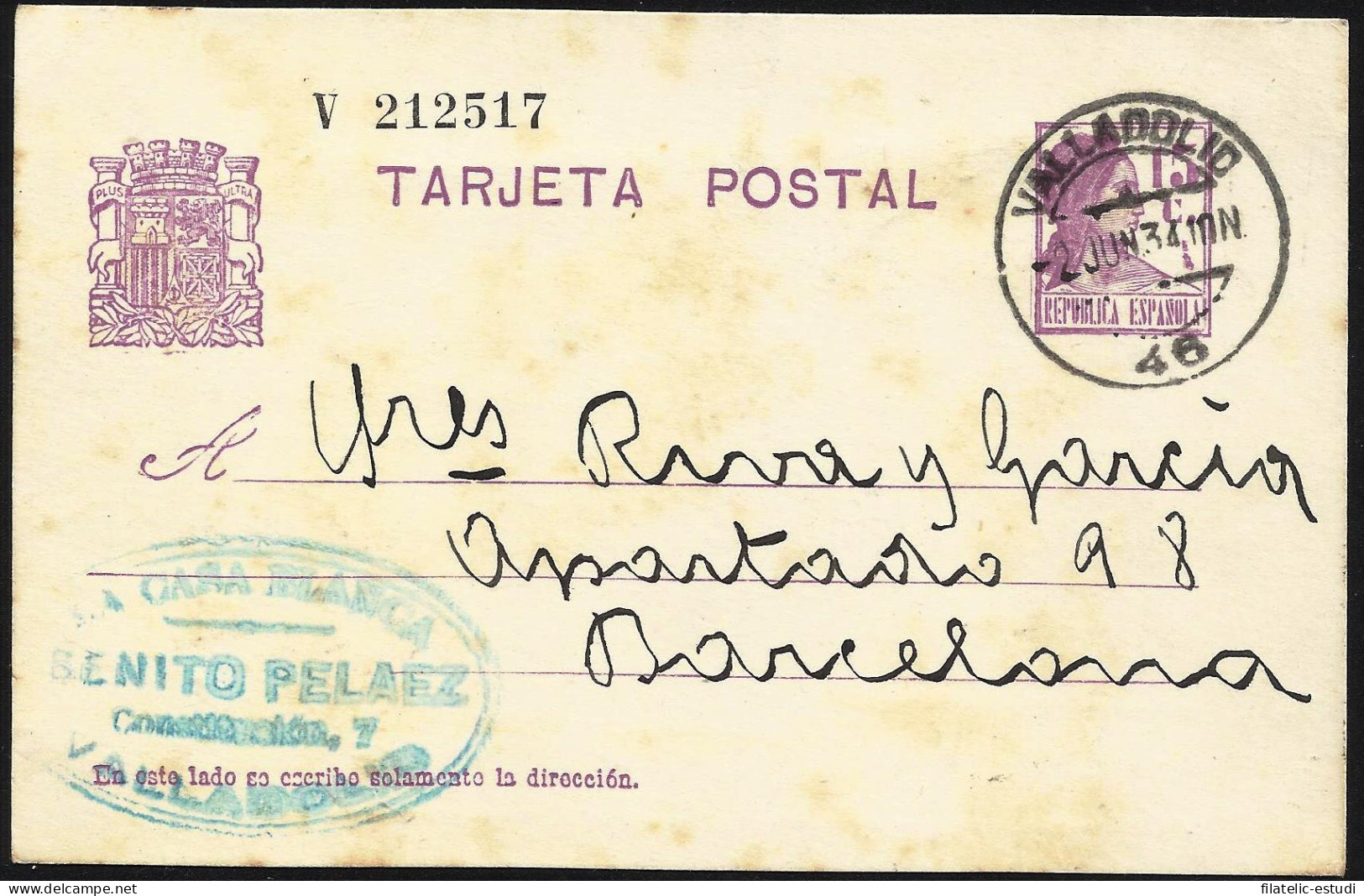 España Spain Entero Postal 69 Matrona 1934 Valladolid - Other & Unclassified