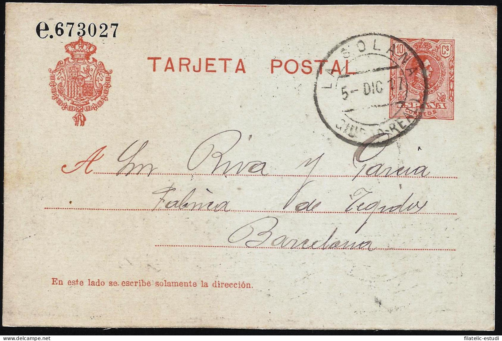 España Spain Entero Postal 49 Alfonso XIII 1917 La Solana - Sonstige & Ohne Zuordnung