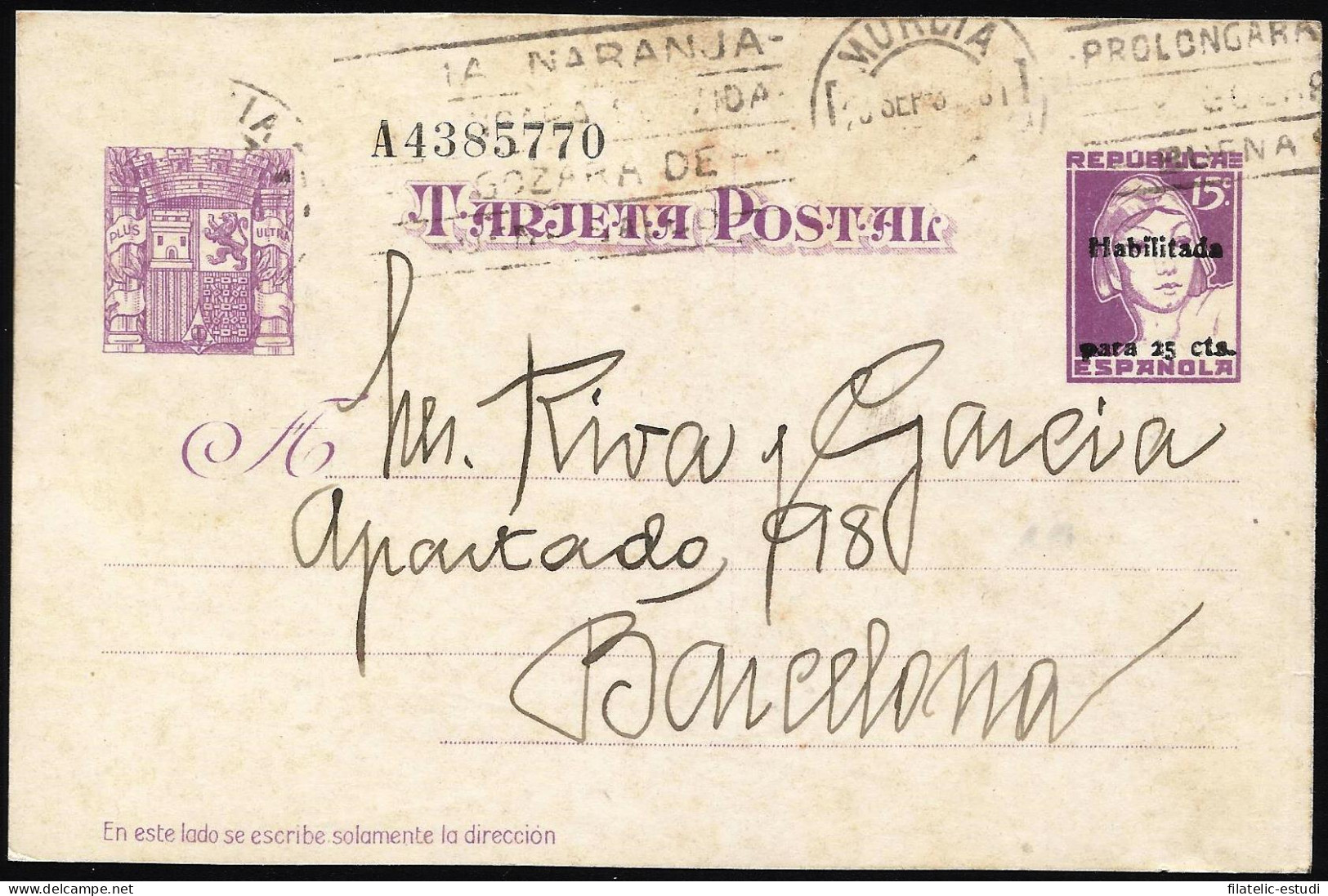 España Spain Entero Postal 76 Matrona  Matasello 1937 Murcia - Autres & Non Classés