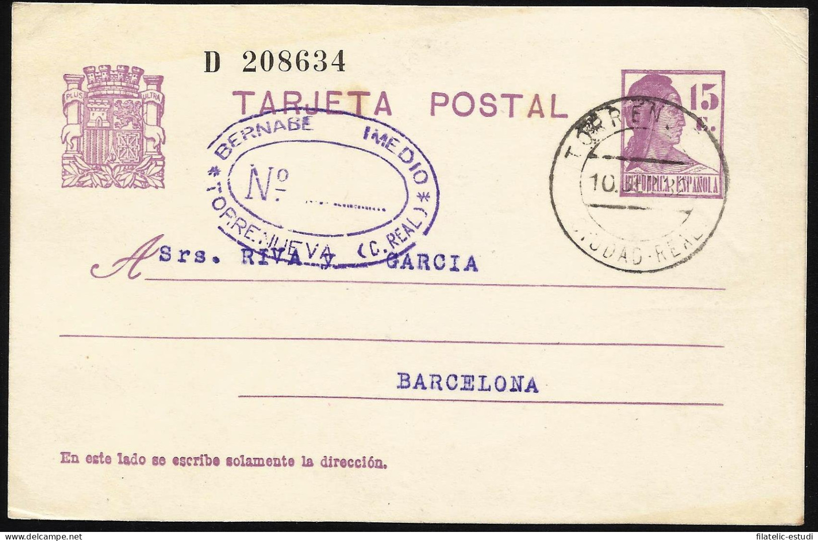 España Spain Entero Postal 69 Matrona 1932 Torrenueva - Altri & Non Classificati