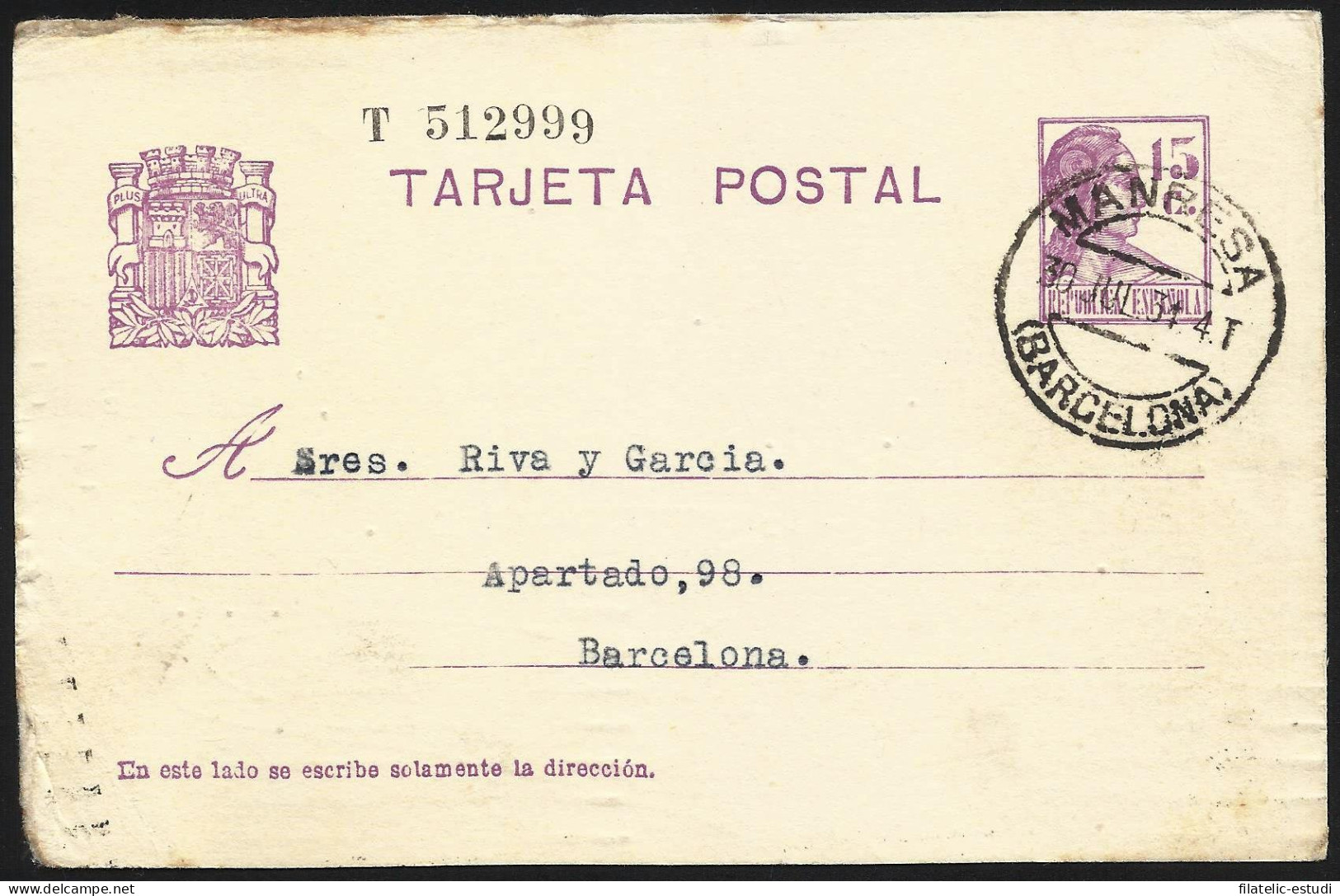 España Spain Entero Postal 69 Matrona 1934 Manresa - Sonstige & Ohne Zuordnung