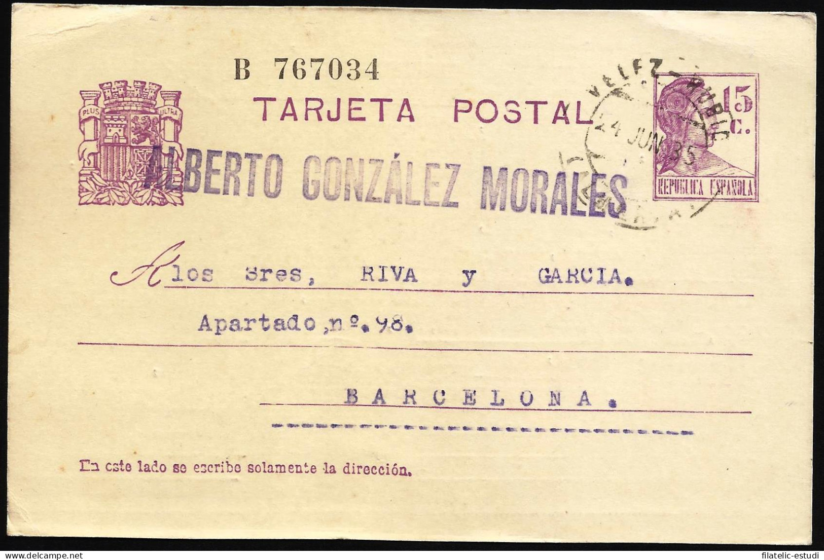 España Spain Entero Postal 69 Matrona 1935 Vélez Rubio - Altri & Non Classificati
