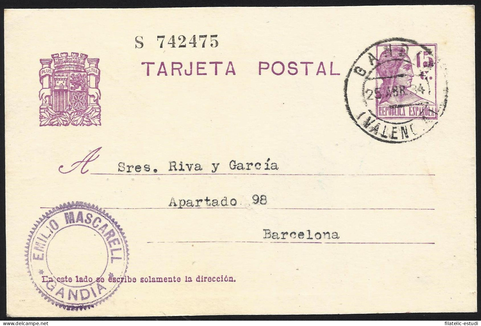 España Spain Entero Postal 69 Matrona 1934 Gandía - Autres & Non Classés