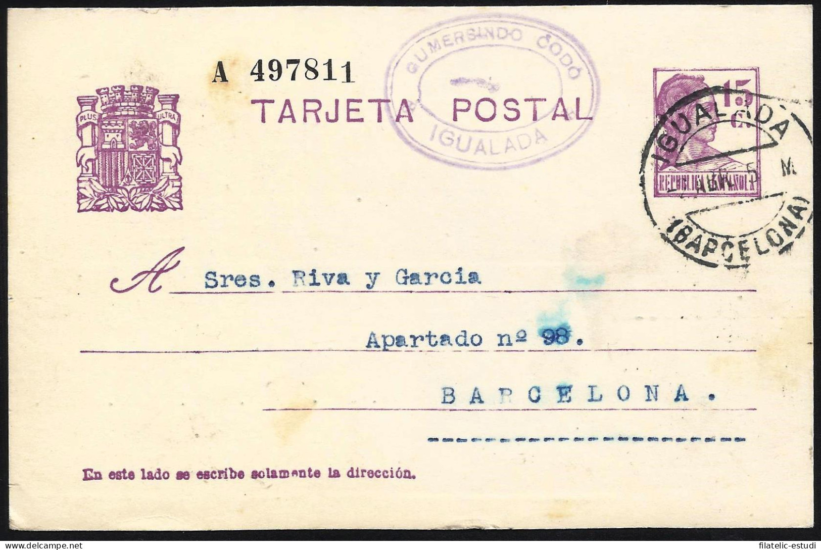 España Spain Entero Postal 69 Matrona 1934 Igualada - Autres & Non Classés